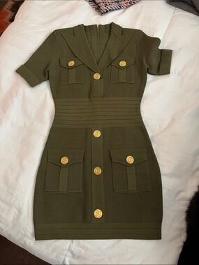 Olive Green Knit Short Sleeve Button-Front Dress SZ XS/S